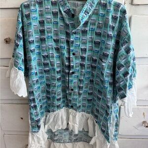 Relaxed Boho trim button up Shirt in Teal and Gray
